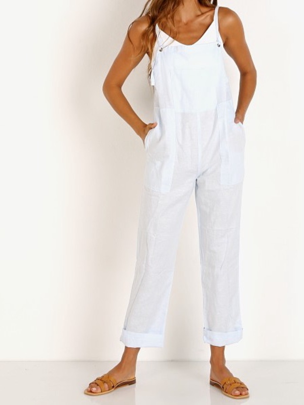 LACAUSA Oatmeal Linen-Blend Overalls with pockets - Picture 2 of 9
